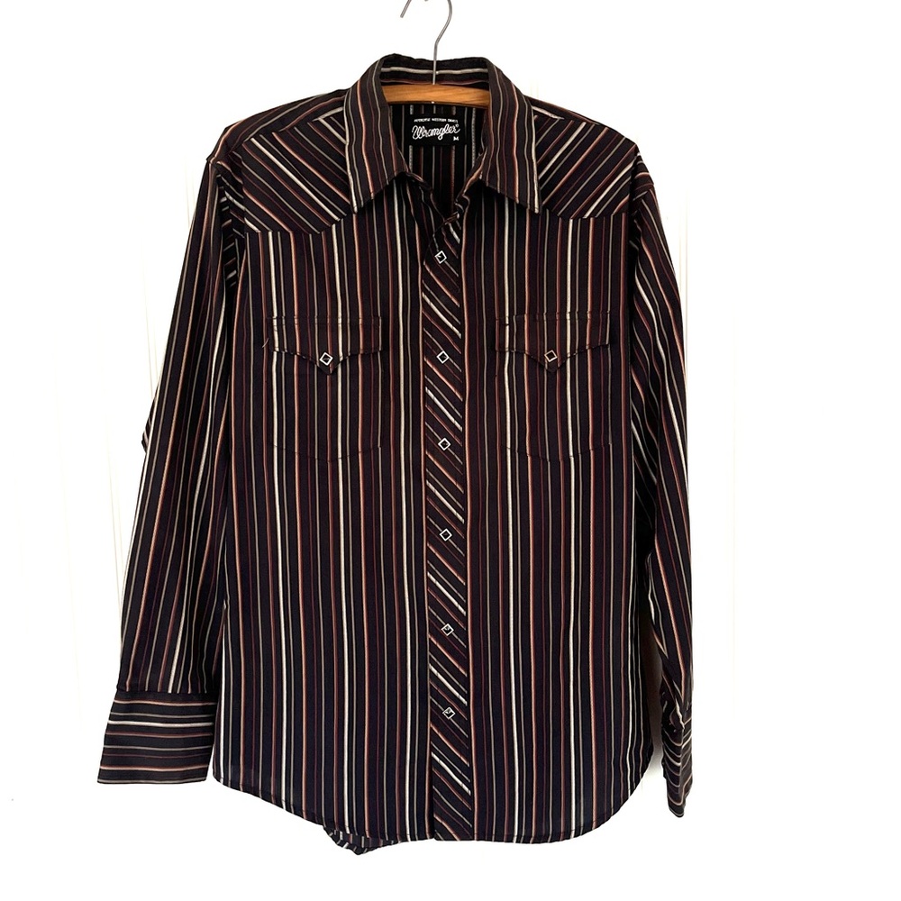 Vintage Wrangler Men's Faded Black and White Striped Button Down Western Shirt